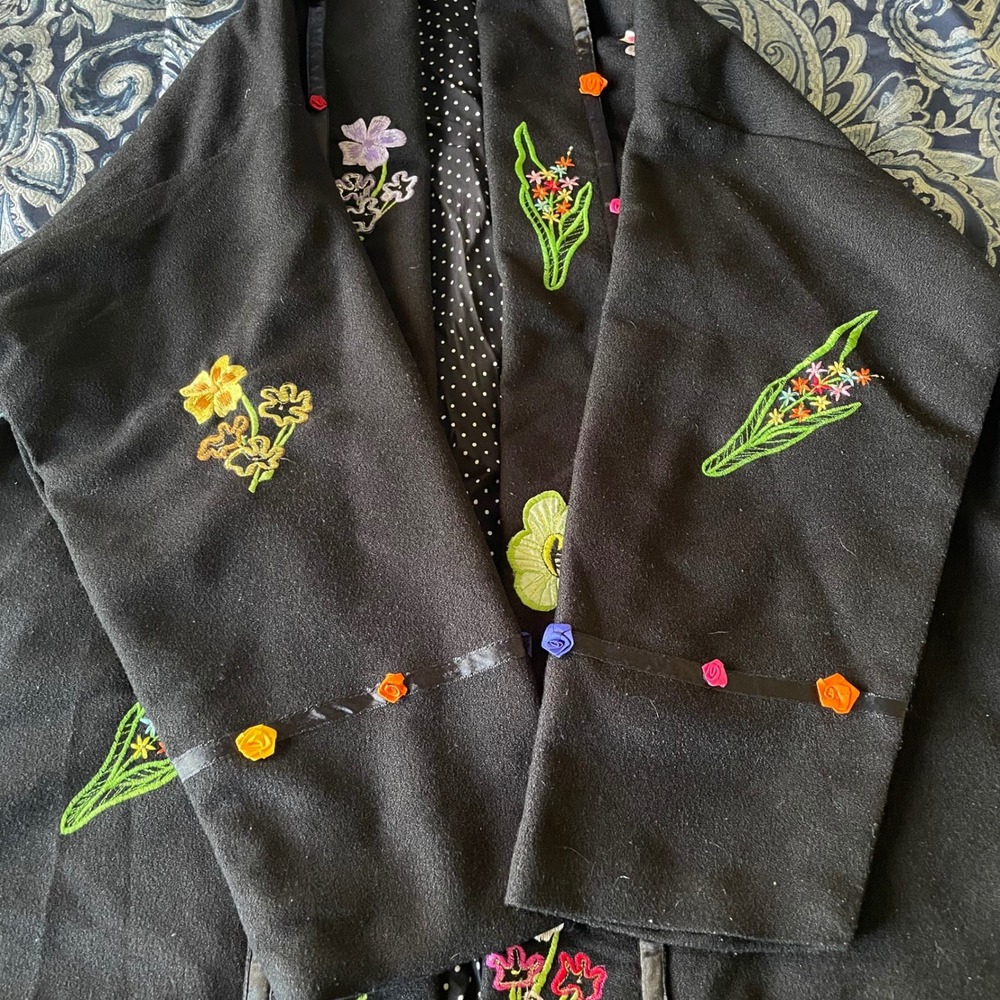 Anage Black Floral Embroidered Open Front Jacket 3D Ribbon Flowers Polka Dot OS‎ - Picture 14 of 16